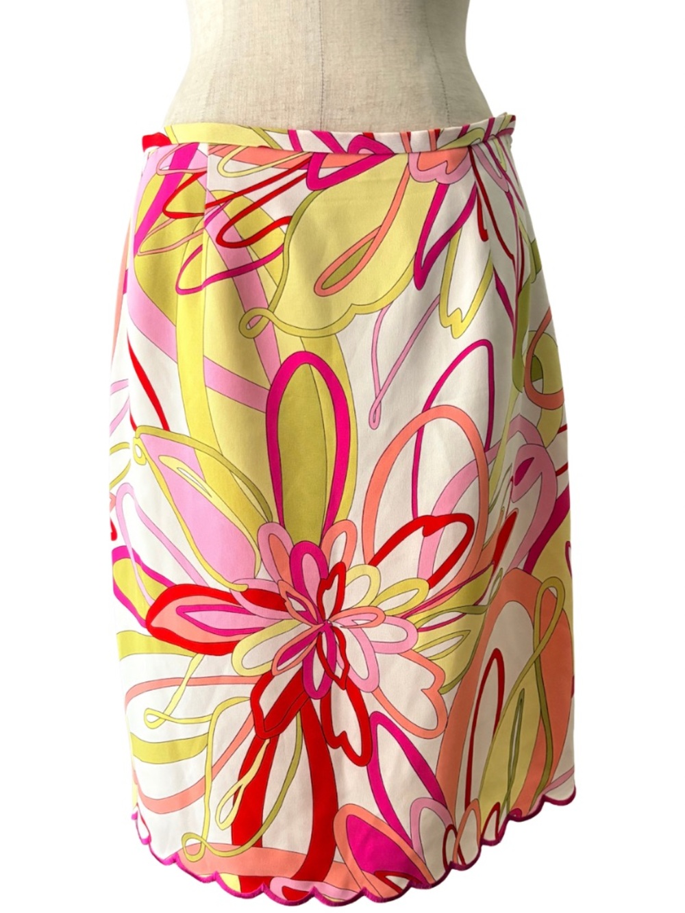 VTG Y2k Essential G Silk Skirt Abstract Floral Mod Scalloped Pink Green White 4